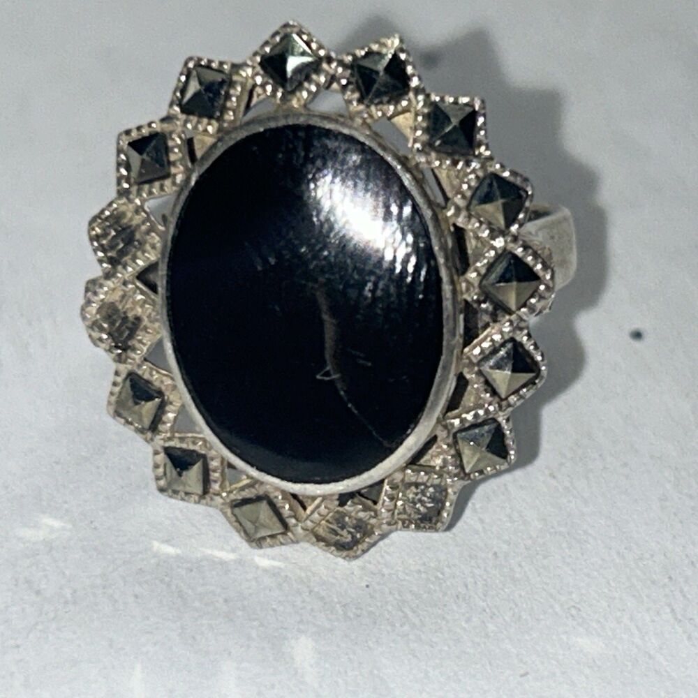 Sterling Silver  Black Onyx Marcasite Halo Accented Band Ring 925 Sz: 7.5